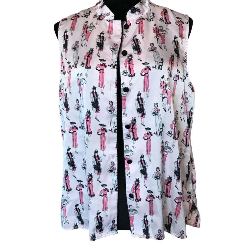 Cabernet Sleepwear Top Edwardian Fashion Print Pinks Black Trim Parisian Size M